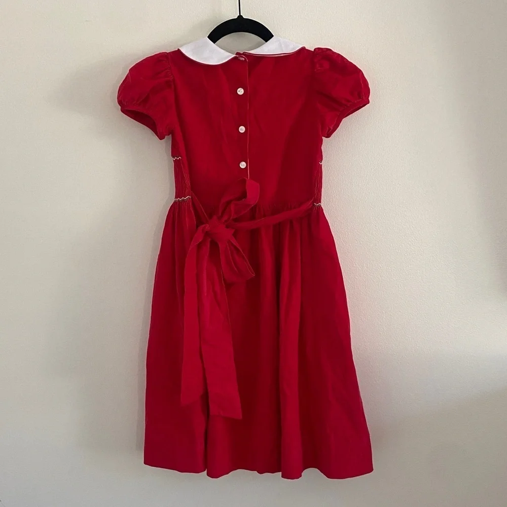 Anavini Handsmocked Girls Corduroy Christmas Candy Cane Dress with Tie Red 8